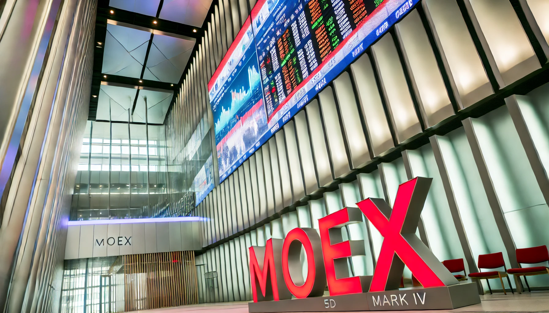 Вход в здание Московской биржи (MOEX) с изысканными архитектурными деталями и яркой красной вывеской.