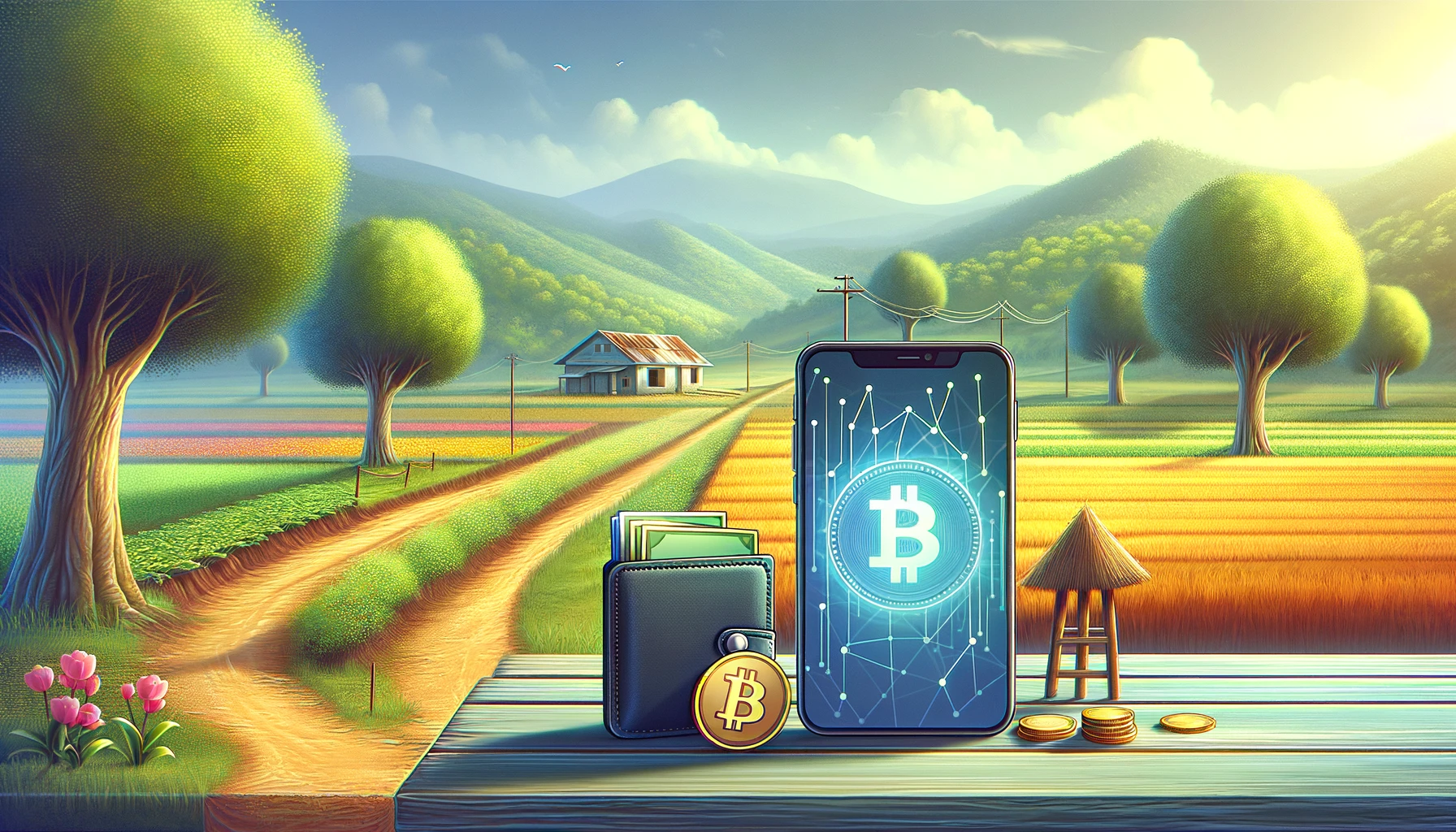 ”A diverse group in a rural setting using smartphones for cryptocurrency transactions, with currency symbols in the background”.